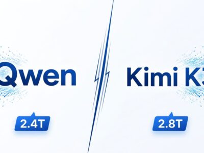 Split-screen illustration showing Qwen3.8 and Kimi K3 competing open-weight AI models with 2.4T and 2.8T parameter labels in blue and white