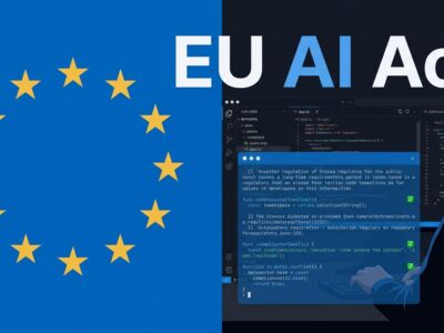 EU flag and developer code editor illustrating EU AI Act compliance deadline for developers