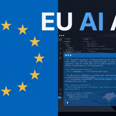 EU flag and developer code editor illustrating EU AI Act compliance deadline for developers