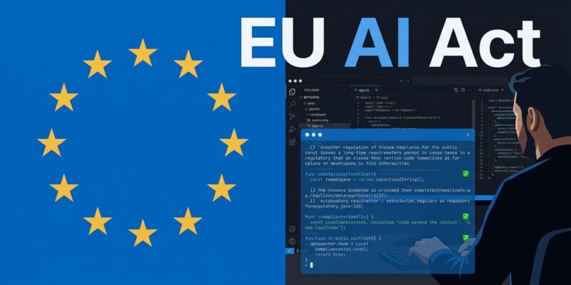 EU flag and developer code editor illustrating EU AI Act compliance deadline for developers