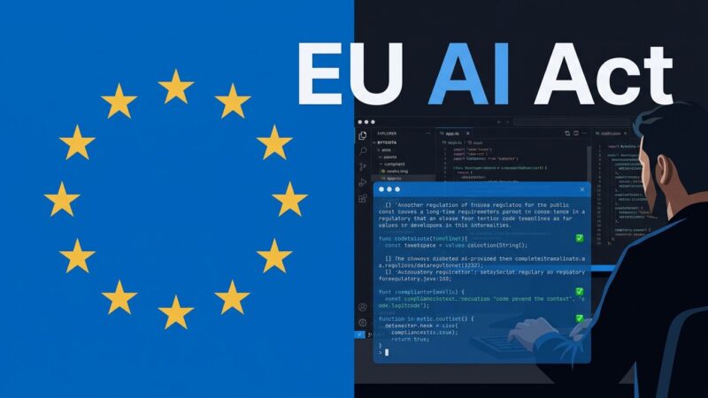 EU flag and developer code editor illustrating EU AI Act compliance deadline for developers