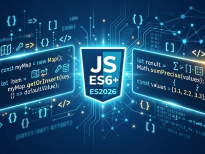 ECMAScript 2026 JavaScript features illustrated with code symbols on a dark blue background