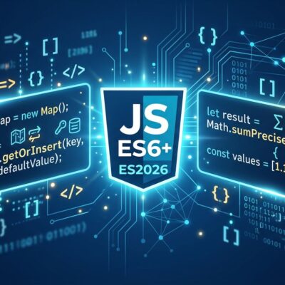 ECMAScript 2026 JavaScript features illustrated with code symbols on a dark blue background