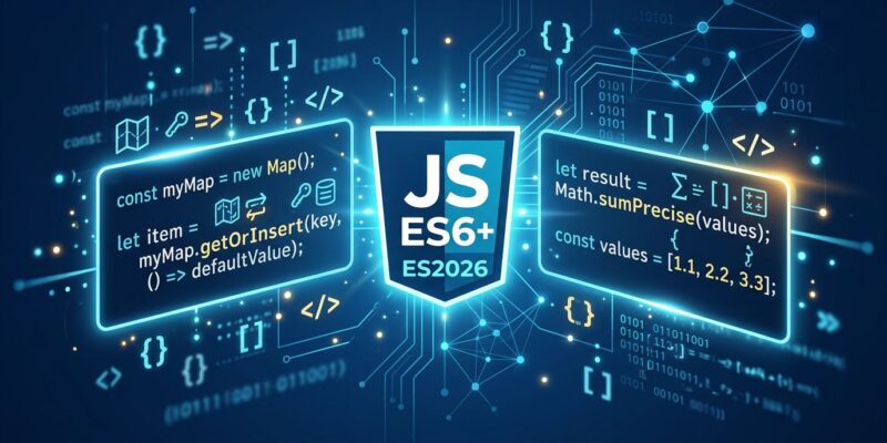 ECMAScript 2026 JavaScript features illustrated with code symbols on a dark blue background