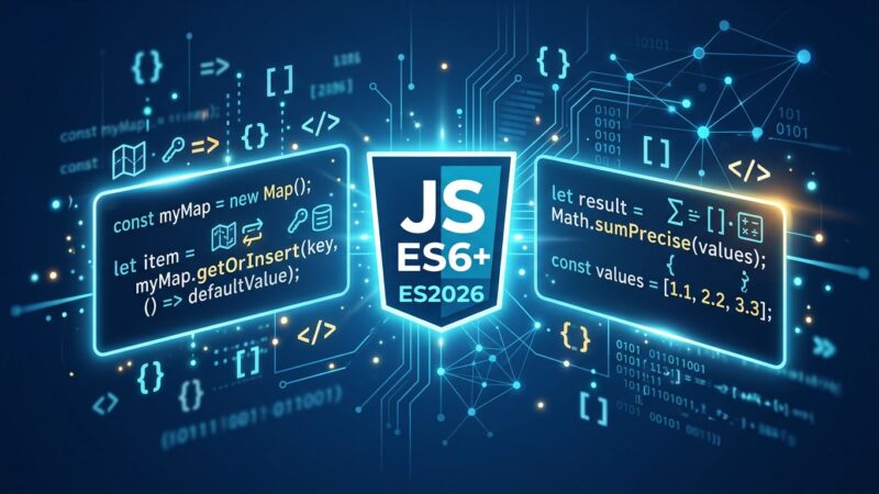 ECMAScript 2026 JavaScript features illustrated with code symbols on a dark blue background