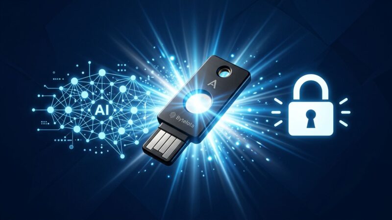 Ledger Agent Stack hardware security for AI agents — a physical device glowing with blue light next to AI neural network nodes