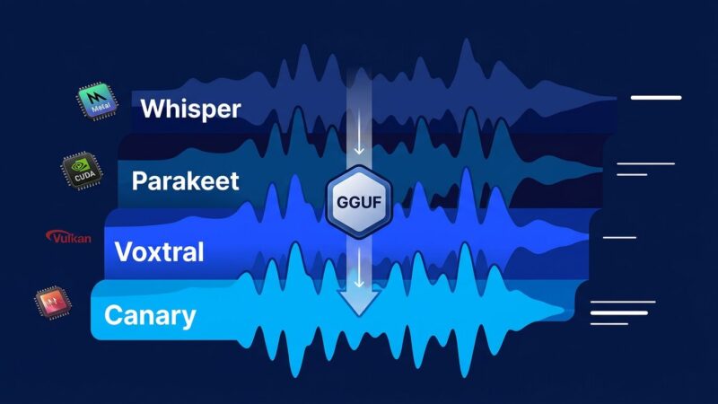 Sound waveform layers representing 16 ASR model families unified by a single ggml GGUF runtime in transcribe.cpp
