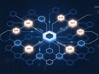 Abstract network of hexagonal nodes representing Claude Code AI subagent architecture with blue and white ByteIota brand colors
