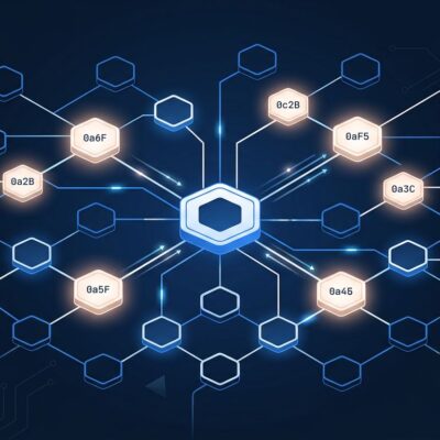 Abstract network of hexagonal nodes representing Claude Code AI subagent architecture with blue and white ByteIota brand colors