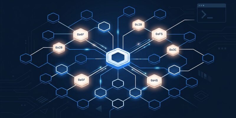 Abstract network of hexagonal nodes representing Claude Code AI subagent architecture with blue and white ByteIota brand colors