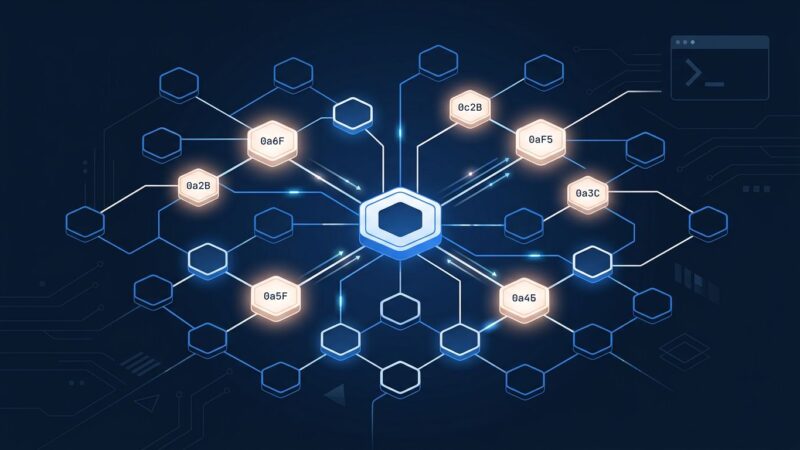 Abstract network of hexagonal nodes representing Claude Code AI subagent architecture with blue and white ByteIota brand colors