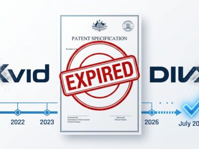 Expired stamp on a patent document representing the end of MPEG-4 Visual patents worldwide with Xvid and DivX logos fading out
