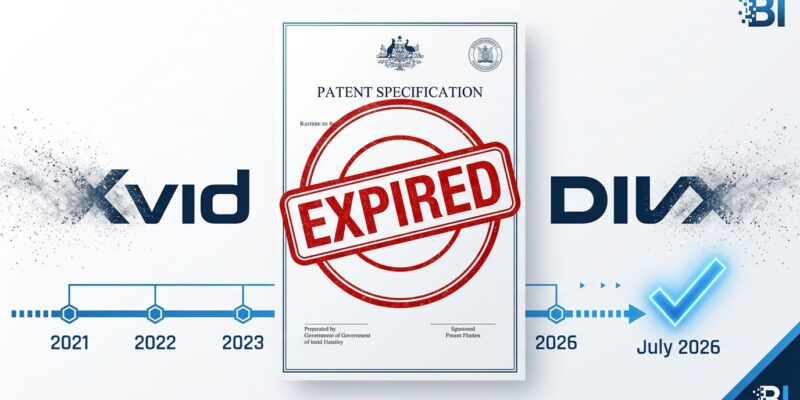 Expired stamp on a patent document representing the end of MPEG-4 Visual patents worldwide with Xvid and DivX logos fading out