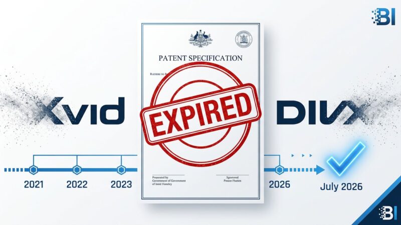 Expired stamp on a patent document representing the end of MPEG-4 Visual patents worldwide with Xvid and DivX logos fading out