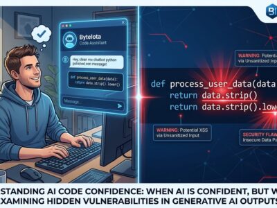 Split-screen showing AI chat with polished code on left, same code with vulnerability highlights on right