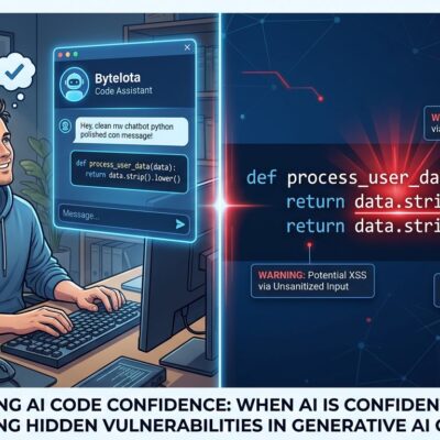 Split-screen showing AI chat with polished code on left, same code with vulnerability highlights on right