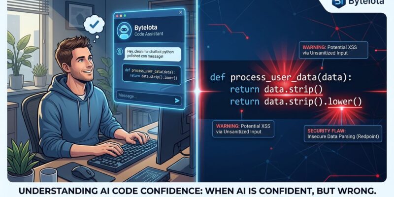 Split-screen showing AI chat with polished code on left, same code with vulnerability highlights on right