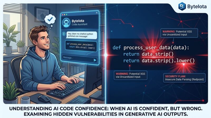 Split-screen showing AI chat with polished code on left, same code with vulnerability highlights on right