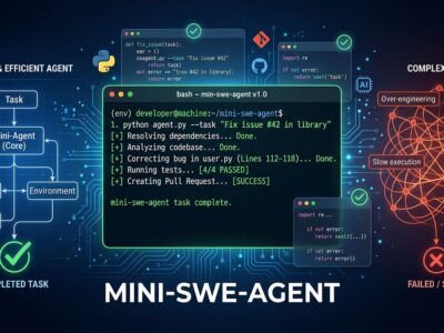 mini-swe-agent bash terminal showing minimal AI coding agent beating complex frameworks on SWE-bench benchmark