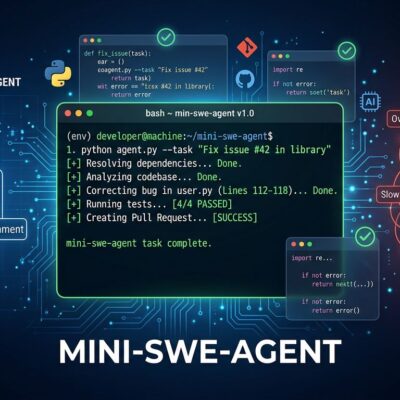mini-swe-agent bash terminal showing minimal AI coding agent beating complex frameworks on SWE-bench benchmark