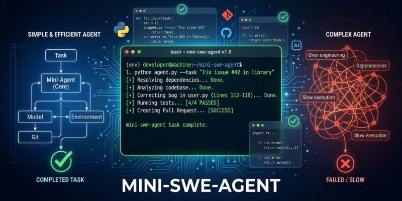 mini-swe-agent bash terminal showing minimal AI coding agent beating complex frameworks on SWE-bench benchmark