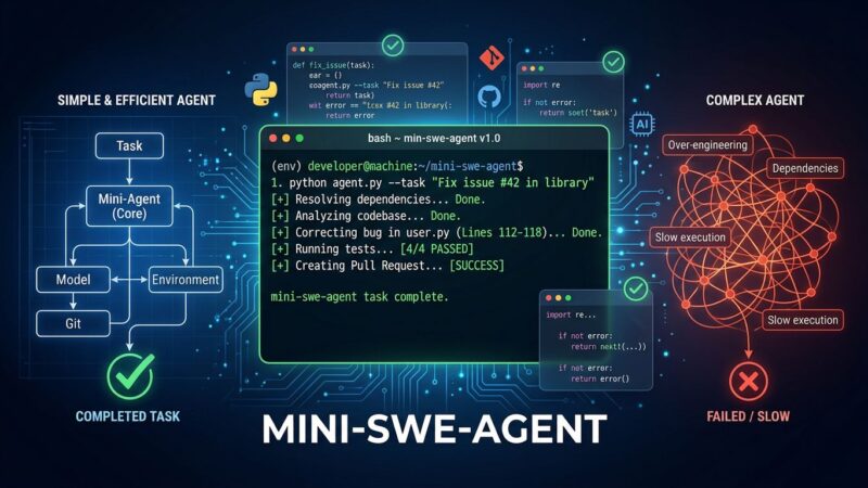 mini-swe-agent bash terminal showing minimal AI coding agent beating complex frameworks on SWE-bench benchmark