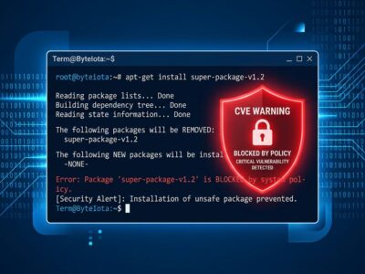 A terminal showing a package install blocked by a security shield, representing Refuse pre-install CVE blocking for AI coding agents