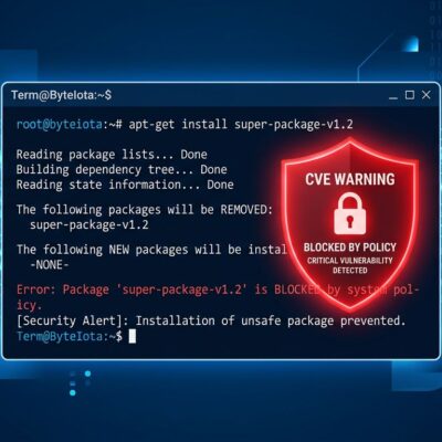 A terminal showing a package install blocked by a security shield, representing Refuse pre-install CVE blocking for AI coding agents