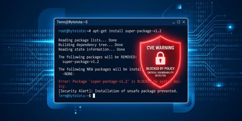 A terminal showing a package install blocked by a security shield, representing Refuse pre-install CVE blocking for AI coding agents