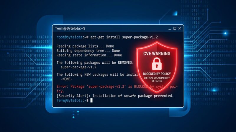 A terminal showing a package install blocked by a security shield, representing Refuse pre-install CVE blocking for AI coding agents
