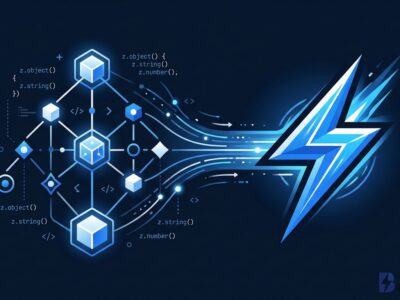 Abstract visualization of Zod schema tree being compiled at build time into fast validators, TypeScript performance optimization
