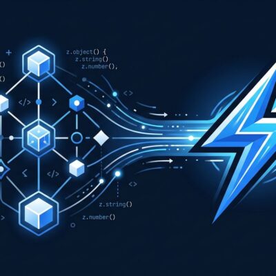 Abstract visualization of Zod schema tree being compiled at build time into fast validators, TypeScript performance optimization