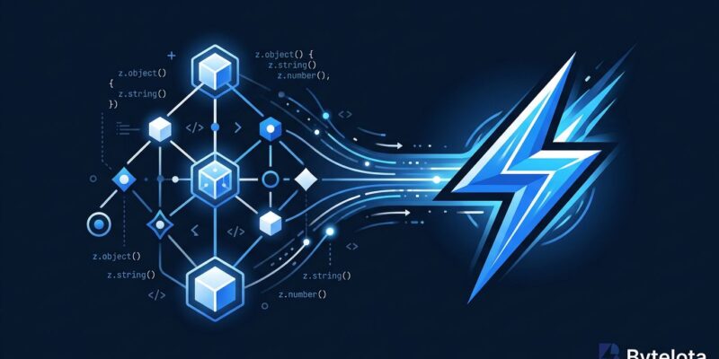 Abstract visualization of Zod schema tree being compiled at build time into fast validators, TypeScript performance optimization