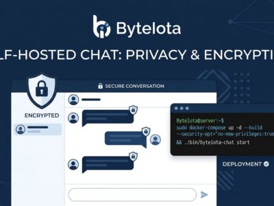 Chatto self-hosted chat app interface showing single binary deployment and per-user encryption