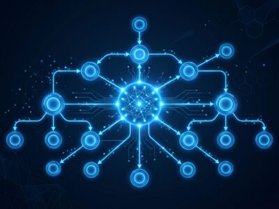 Abstract visualization of AI agent workflow optimization with blue neural network nodes on dark background