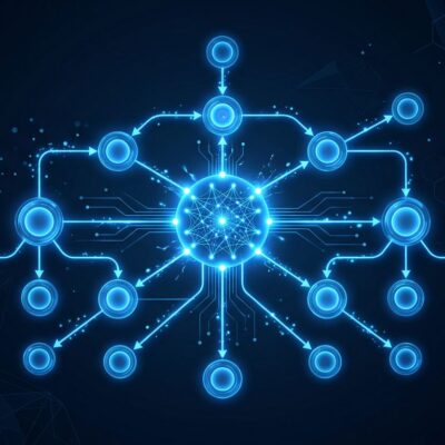 Abstract visualization of AI agent workflow optimization with blue neural network nodes on dark background