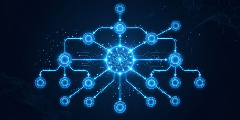 Abstract visualization of AI agent workflow optimization with blue neural network nodes on dark background