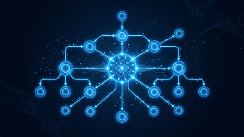 Abstract visualization of AI agent workflow optimization with blue neural network nodes on dark background