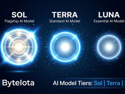 Three glowing orbs representing GPT-5.6 Sol Terra and Luna AI model tiers on dark background with blue and white colors