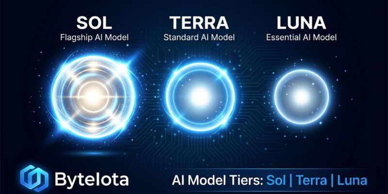 Three glowing orbs representing GPT-5.6 Sol Terra and Luna AI model tiers on dark background with blue and white colors