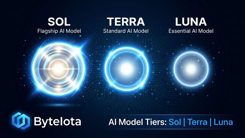 Three glowing orbs representing GPT-5.6 Sol Terra and Luna AI model tiers on dark background with blue and white colors