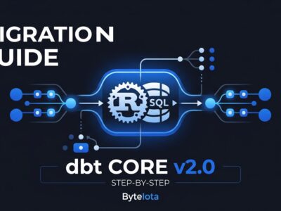 Data pipeline diagram showing dbt Core v2.0 Rust engine migration with blue nodes on dark background