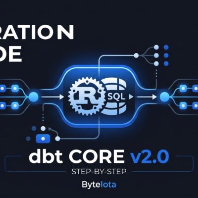 Data pipeline diagram showing dbt Core v2.0 Rust engine migration with blue nodes on dark background