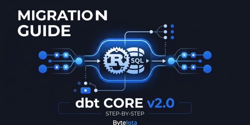 Data pipeline diagram showing dbt Core v2.0 Rust engine migration with blue nodes on dark background