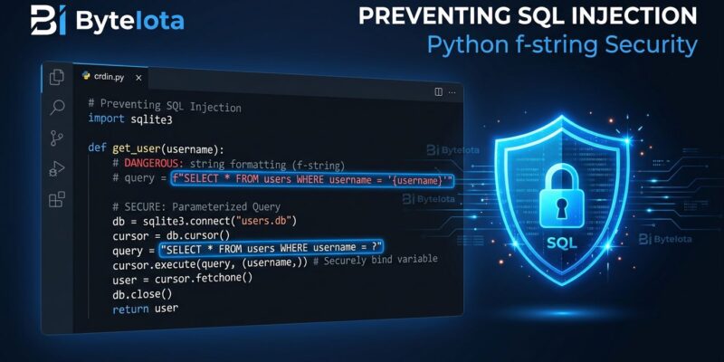 Python 3.14 t-strings code editor showing template string syntax with security shield icon representing SQL injection and XSS protection