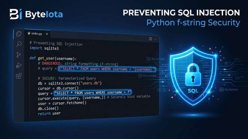 Python 3.14 t-strings code editor showing template string syntax with security shield icon representing SQL injection and XSS protection