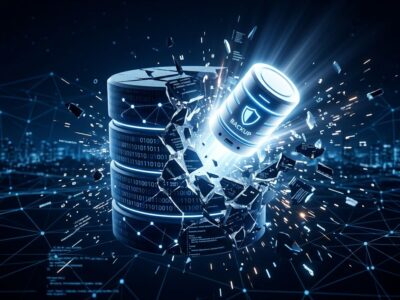 Shattered database with a single glowing backup drive, representing Romania's land registry cyberattack
