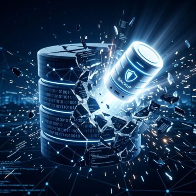 Shattered database with a single glowing backup drive, representing Romania's land registry cyberattack