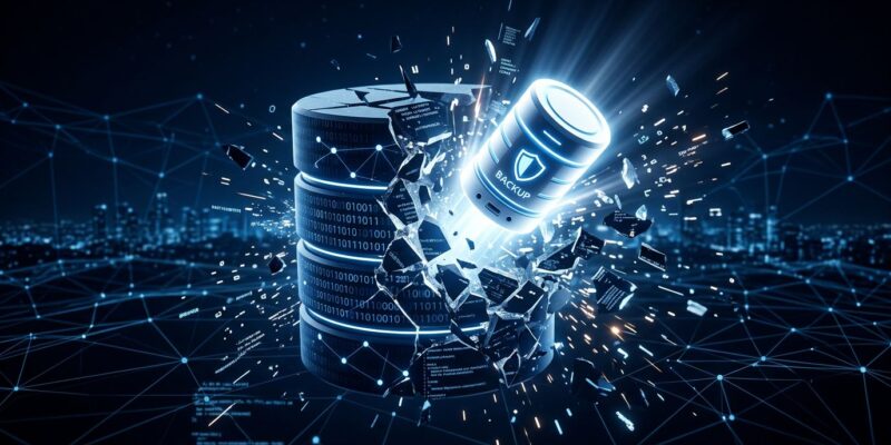 Shattered database with a single glowing backup drive, representing Romania's land registry cyberattack
