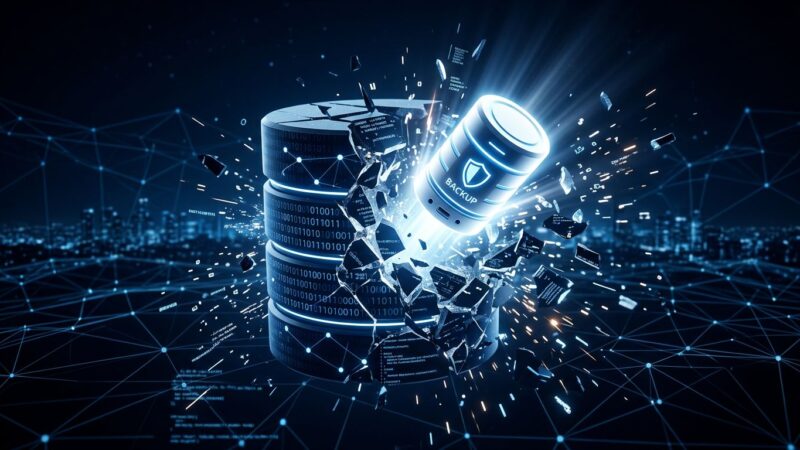 Shattered database with a single glowing backup drive, representing Romania's land registry cyberattack